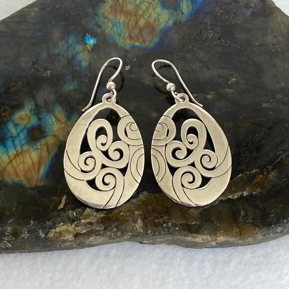 Solid Sterling Silver 925 Thailand Open Scrollwork Teardrop Dangle Drop Earrings - Picture 12 of 16